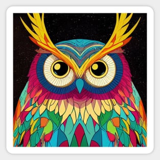 Colorful Owl Portrait Illustration - Bright Vibrant Colors Bohemian Style Feathers Psychedelic Bird Animal Rainbow Colored Art Sticker